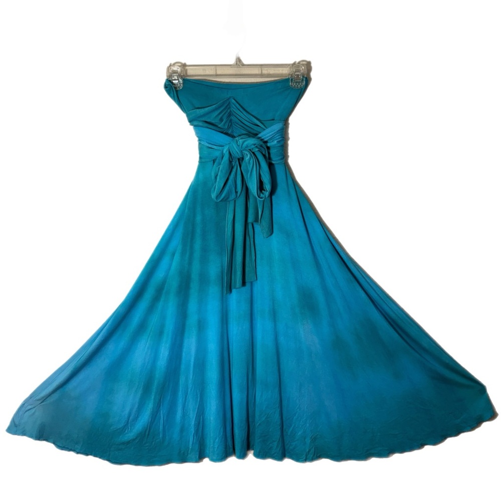 Elan Teal Blue Strapless Midi Dress with Waist Tie